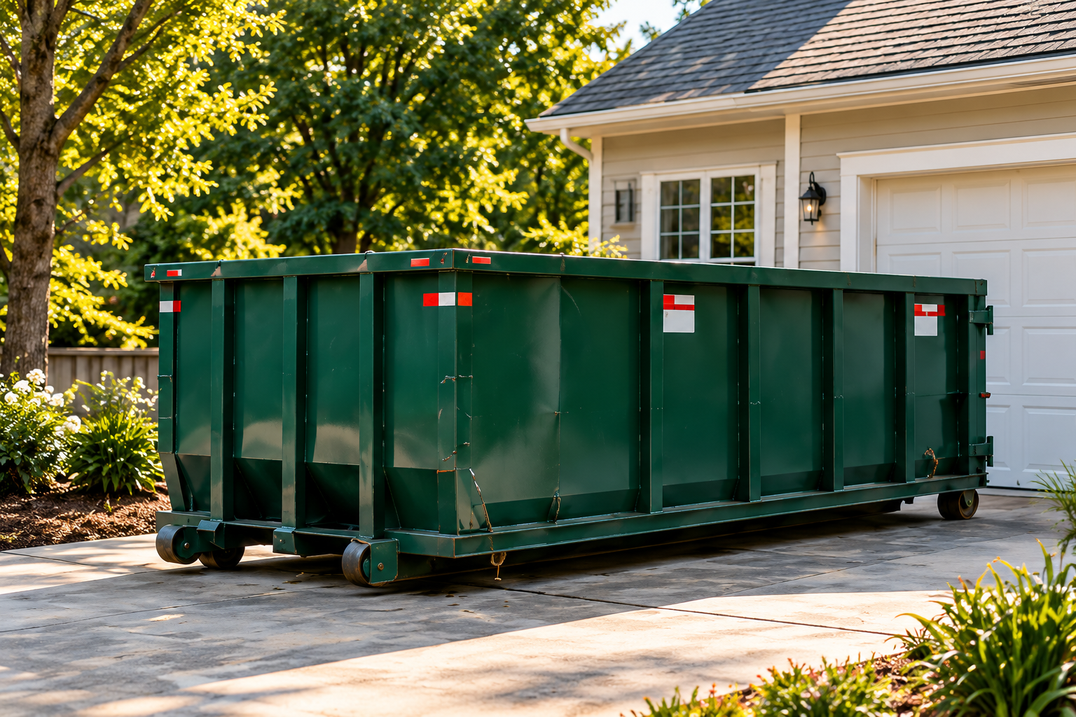 Green roll-off dumpster in a residential driveway